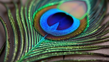Naklejka premium Iridescent Peacock Feather Displaying Stunning Blue and Green Colors in Close Up Detail