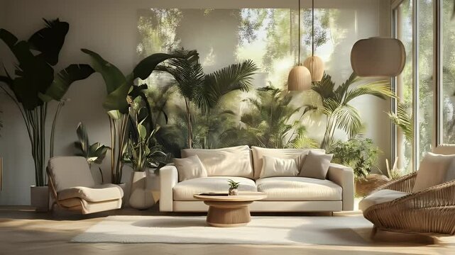 Cozy Interior with Neutral Toned Sofa and Green Plants in Sunny Day for Adobe Stock