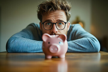 Focused man contemplating a small piggy bank.