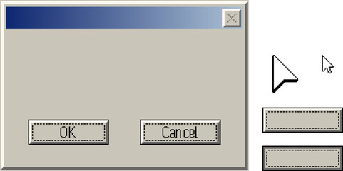 Retro user interface elements 90s style. Classic 90s operating system dialog window element set with OK and Cancel buttons and mouse cursor.