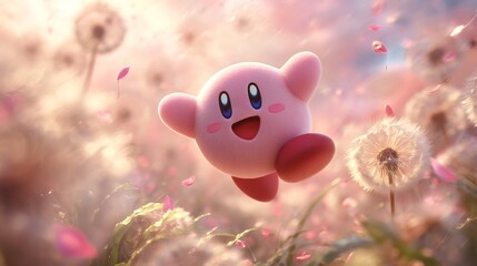 Delightful Pink Character Soaring Through a Dreamy Field of Dandelions and Petals