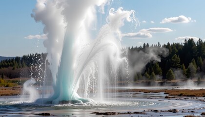 Geyser Erupting in a Geothermal Area Surrounded by Lush Green Trees and Clear Blue Sky
