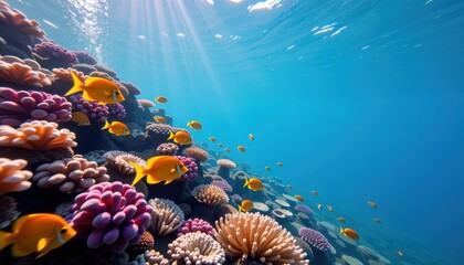 Vibrant Underwater Scene with Colorful Coral Reefs and Tropical Fish Illuminated by Sunlight