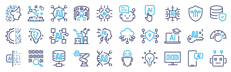 Artificial intelligence web icons in line style. AI technology icons for web and mobile app. Machine learning, digital AI technology, algorithm, smart robotic and cloud computing network