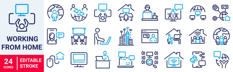Working from home web line icon set. Containing remote work, work online, freelancing, home office, digital nomad.