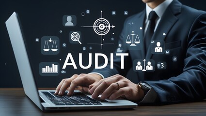 Business Audit and Compliance. Businessman conducts business audit using laptop with digital icons representing compliance, target goals, and data analysis. Standard certification, Quality control,

