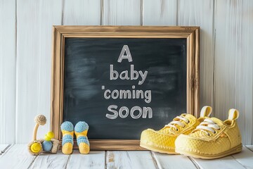 Baby announcement, a message on a chalkboard with baby shoes.  Small wooden toys next to the frame