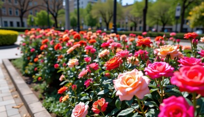 Vibrant Blooming Rose Garden in a Public Park During Springtime with Colorful Blossoms