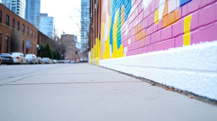 Vibrant city street with colorful mural
