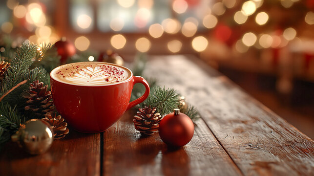 Cup of Christmas latte art surrounded by pine branches and Christmas ornaments on wooden table