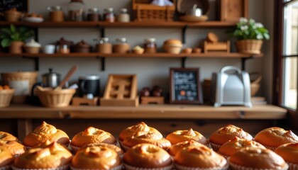Freshly Baked Cupcakes Displayed on a Wooden Table in a Cozy Bakery Kitchen with Shelves Styled Decor