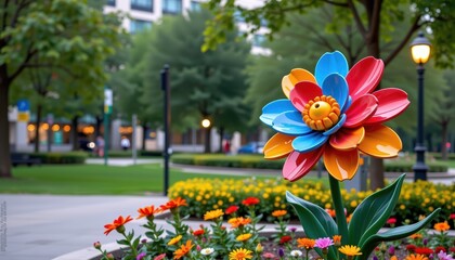 Colorful Decorative Flower Sculpture Surrounded by Vibrant Blooms in Urban Park Setting