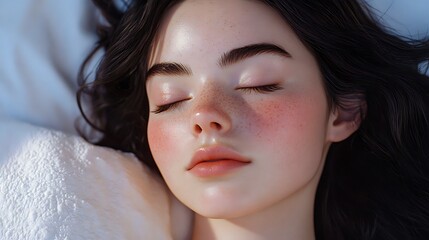 Serene young woman sleeping peacefully on soft bedding beautiful skin and hair