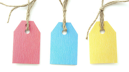 Three tags hanging from a string, each with a different color