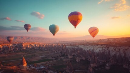 Fototapeta premium Hot Air Balloons Over Cappadocia Landscape at Sunset