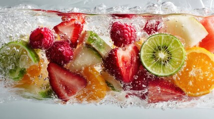 Close-up of Various Fruit Slices in Saline Bag Dipped in Water on White Background