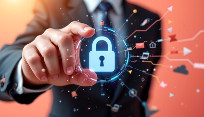 a person holding a digital lock with a padlock symbol overlaid technology icons, suggesting cybersecurity or data protection themes