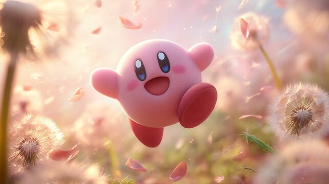 Dreamy Escapade: A Pink Character's Joyful Leap Through a Dandelion Field