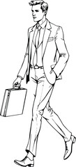 man with a suitcase, minimalist, black on white background line art illustration
