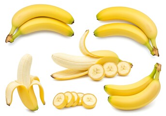A collection of bananas in various states of ripeness and preparation on a white background studio shot