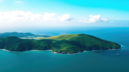 Obraz premium Lush green island nestled in a tranquil ocean, bathed in sunlight. A picturesque vista of a secluded tropical paradise