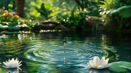 Water droplet falling into a tranquil pond surrounded by lush greenery and white lilies.
