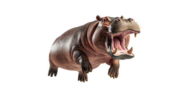 Hippopotamus with open mouth showing teeth and aggressive expression in wild animal portrait