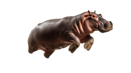 Large hippo posing in mid-air with legs extended and remarkable skin detail visible