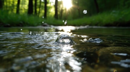 Fototapeta premium Crystal-clear stream in a sunlit forest. Water droplets splash in shallow creek
