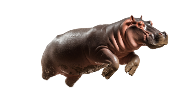 Large hippo posing in mid-air with legs extended and remarkable skin detail visible