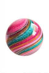 Obraz premium Abstract Sphere on White Background Close Up Studio Shot of a Colorful Striped Orb with Pink Teal and Gold