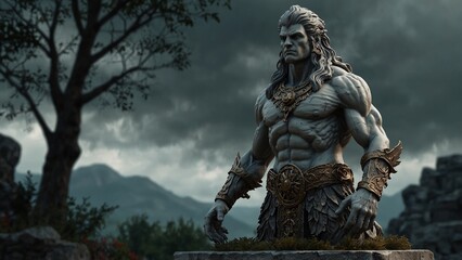 Obraz premium A statue of Saigros, hooked back summoning spirits along dreamward paths