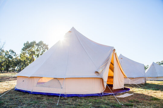 Tent with open flaps in the morning sunlight