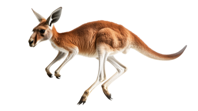 Kangaroo jumping forward with alert expression on its face and light colored fur on its abdomen