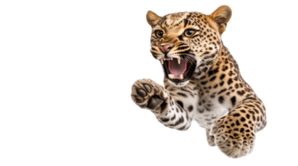 Fierce leopard leaping forward with intense expression focused on target