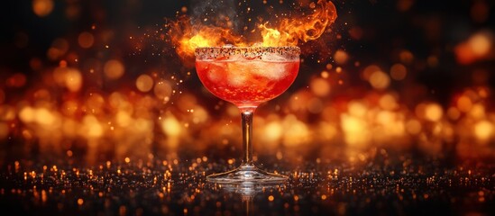 Flaming Cocktail: A fiery spectacle of a drink in a coupe glass, set against a backdrop of warm, blurry lights, creating a dramatic and captivating scene.