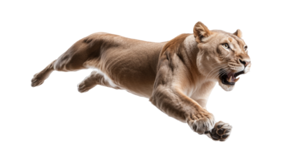 Powerful lioness in mid air pounce showcasing strength and agility with intense focus