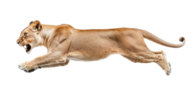 Powerful lioness leaping mid air showcasing strength and grace in dynamic agile motion