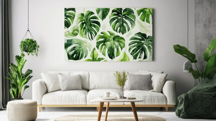 Tropical Leaf Art on Living Room Wall