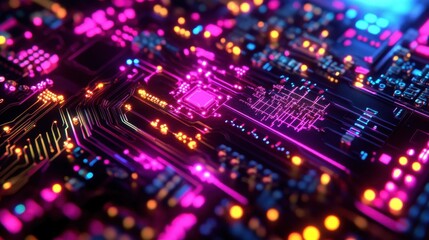 Fototapeta premium Close up of a vibrant circuit board with glowing pink, blue, and orange lights, showcasing intricate electronic components and connections for technology and innovation concepts.
