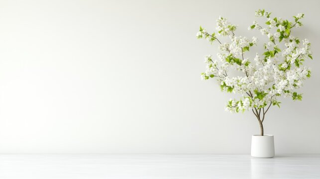 A potted cherry blossom tree with white flowers and green leaves on a white surface against a plain wall, and minimalistic and elegant indoor decor concept.