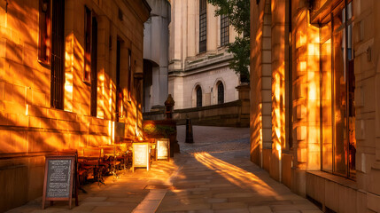 Fototapeta premium street at dawn with dramatic light and shadow between buildings
