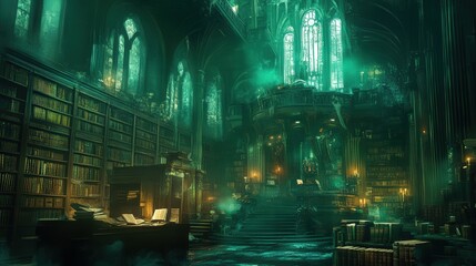 Dark, mystical library interior, illuminated with ethereal light.