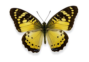 Obraz premium Isolated butterfly with yellow and black wings displaying intricate patterns against a white background