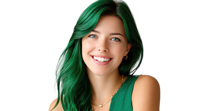 Emerald Embrace: A captivating portrait of a woman radiates confidence, her vibrant green hair framing a radiant smile, creating a striking contrast, embodying beauty, happiness, and style.