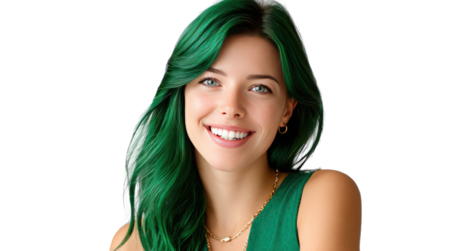 Emerald Embrace: A captivating portrait of a woman radiates confidence, her vibrant green hair framing a radiant smile, creating a striking contrast, embodying beauty, happiness, and style.
