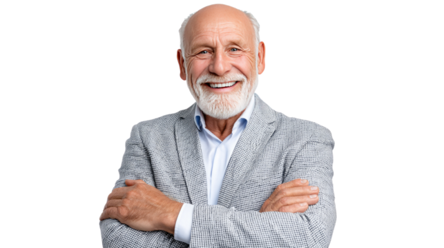Smiling Senior Man: Portrait of a cheerful senior man with arms crossed, a warm smile, and a neatly trimmed beard.  He exudes confidence and approachability.