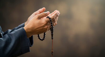 Muslim Man Praying with Prayer Beads Closeup Hands Spiritual Faith