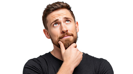 Intense contemplation: A man of thought, lost in a moment of deep thinking, with his gaze fixed upwards and a hand thoughtfully touching his chin.