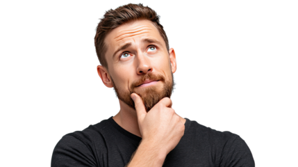 Intense contemplation: A man of thought, lost in a moment of deep thinking, with his gaze fixed upwards and a hand thoughtfully touching his chin.